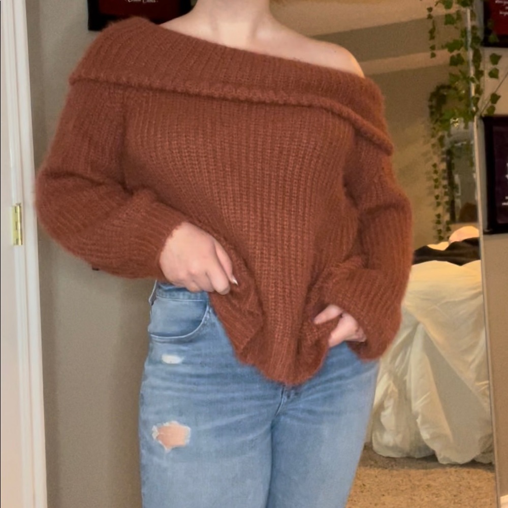 Coral colored off the shoulder sweater